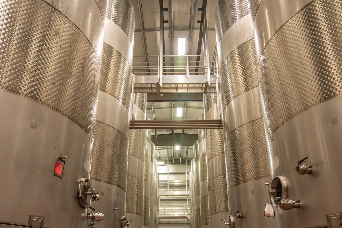 Cuves de fermentation en inox alignées dans une salle de production